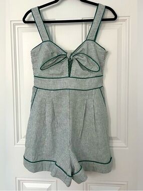 Caroline Constas Green White Striped Romper Large Women Linen Blend